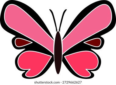 Flat vector illustration of a love butterfly with heart-shaped wings. Minimal symmetrical butterfly design in pink tones on black background, symbolizing romance, affection, and Valentine’s Day love. Suitable for romantic designs, greeting cards, posters, logos, prints, and commercial projects.