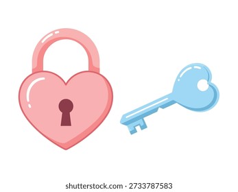 Ilustración vectorial plana de candado de amor y llave. Ilustración vectorial limpia para el romance, el día de San Valentín, la pareja, la confianza y los conceptos de relación.