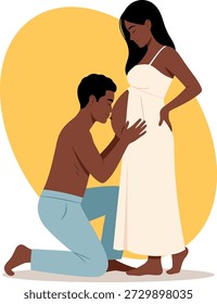 Flat vector illustration of a loving Black couple during pregnancy. The father-to-be kneels and tenderly kisses the mother's baby bump.