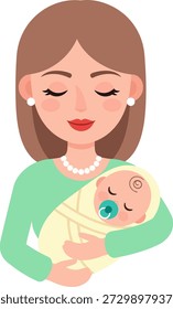 Flat vector illustration of a loving mom holding her swaddled newborn child, isolated on a white background. Perfect for maternity and childcare topic