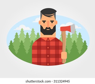 Flat Vector Illustration: Lumberjack in the Forest