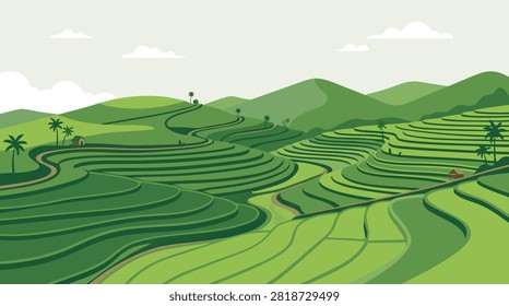 A flat vector illustration of lush green rice terraces in the mountains with small huts and palm trees under a clear sky.