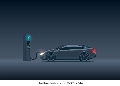 Flat vector illustration of a luxury black electric car charging at the charger station. Electromobility e-motion concept. Electromobility eco future transportation e-motion concept. 