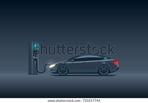 Flat vector\
illustration of a luxury black electric car charging at the charger\
station. Electromobility e-motion concept. Electromobility eco\
future transportation e-motion concept.\
