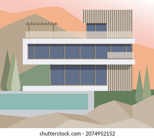 Flache Vektorgrafik von Luxusvilla im modernen Stil. Haus mit großen Fenstern, Pergola-Fassade und Swimmingpool in einem heißen Land. Zeitgenössisches Design für Webdesign, Präsentation, Poster, Broschüre.