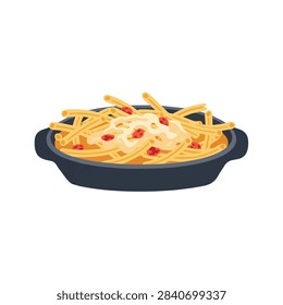 Flat vector illustration of a macaroni pasta dish with creamy sauce and tomatoes in a black pan