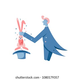 Flat Vector Illustration of magician and rabbit in his hands. Magic trick. Man in suit hold rabbit by ears. Bunny in hat. Illusionist.