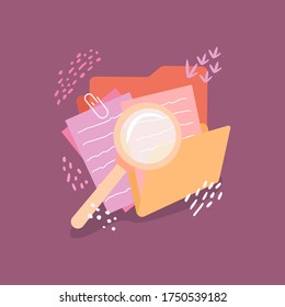 Flat vector illustration of a magnifying glass and document folders. The concept of searching for files for the landing page. Colorful cartoon design.