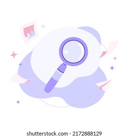 Flat vector illustration of magnifying glass with icons on abstract background. Search, planning, test, analysis, webinar or online education concept. Can be used for web banner, infographic, website