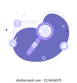 Ilustración vectorial plana de la lupa con iconos sobre fondo abstracto. Búsqueda, planificación, prueba, análisis, webinar o concepto de educación en línea. Se puede usar para banner web, infografía, sitio web