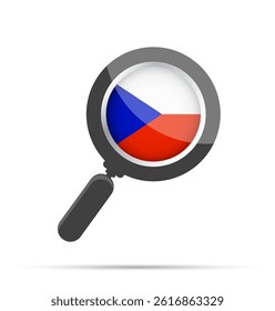 Flat vector illustration of a magnifying glass with the Czech Republic flag inside. Represents search, focus, or analysis related to the Czech Republic. Clean, modern design, isolated on white.