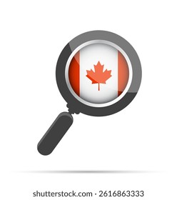 Flat vector illustration of a magnifying glass with the Canadian flag inside. Symbolizes search, focus, or analysis related to Canada. Clean and modern design, isolated on white.