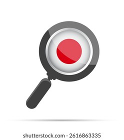 Flat vector illustration of a magnifying glass with the Japanese flag inside. Symbolizes search, focus, or analysis related to Japan. Clean and modern design, isolated on white.
