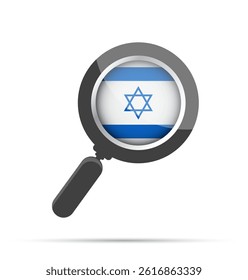 Flat vector illustration of a magnifying glass with the Israeli flag inside. Represents search, focus, or analysis related to Israel. Clean design, isolated on white.