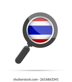 Flat vector illustration of a magnifying glass with the Thai flag inside. Represents search, focus, or analysis related to Thailand. Clean and modern design, isolated on white.