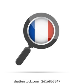 Flat vector illustration of a magnifying glass with the French flag inside. Represents search, focus, or analysis related to France. Clean and modern design, isolated on white.