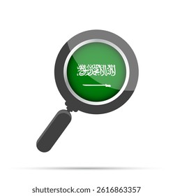 Flat vector illustration of a magnifying glass with the Saudi Arabian flag inside. Symbolizes search, focus, or analysis related to Saudi Arabia. Clean and modern design, isolated on white.
