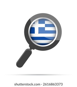 Flat vector illustration of a magnifying glass with the Greek flag inside. Represents search, focus, or analysis related to Greece. Clean and modern design, isolated on white.