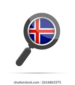 Flat vector illustration of a magnifying glass with the Icelandic flag inside. Represents search, focus, or analysis related to Iceland. Clean and modern design, isolated on white.