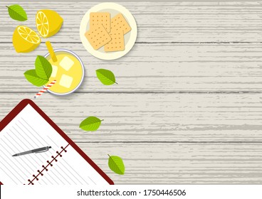 Flat vector illustration of mahogany dining table from above. Top view illustration of dinning table with open book, lemonade, lemon fruit, cracker biscuits, and leaves on mahogany table.