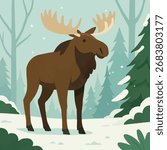 A flat vector illustration of a majestic moose standing in a snowy forest clearing