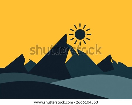 Flat vector illustration of majestic mountains with sharp peaks, gentle rolling hills, minimal and modern design, clean crisp lines, bold solid colors, no gradients, isolated on pure white background.