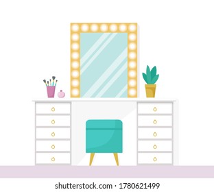 Flat vector illustration with make up vanity table, mint poof, gold mirror with lights