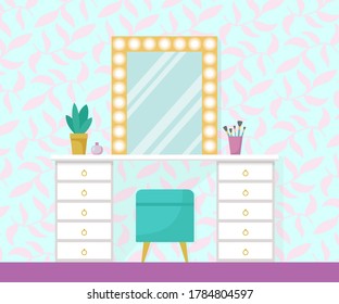 Flat vector illustration with make up vanity table, mint poof, gold mirror with lights