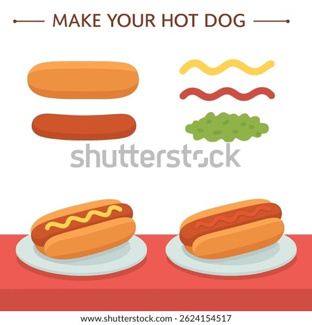 Flat vector illustration of a "Make Your Hot Dog" assembly concept Includes separated ingredients like hot dog bun sausage mustard ketchup and relish with two completed hot dogs shown on plates.