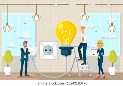 Flat Vector Illustration Making Suggestions and Ideas in Law Office. Joint Work Space in Law Office Young Happy Man and Woman in Modern Business Suits Plug Large Yellow Lamp into Outlet.