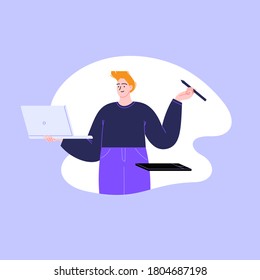 Flat vector illustration of a male artist with a drawing tablet. A man with yellow hair wearing purple clothes holding a laptop and a graphic tablet pen cropped in a cloud form