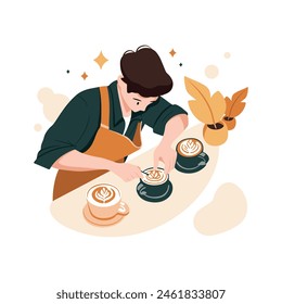 Flat vector illustration a male barista making coffee. Man mixing ingredients in a cup while wearing an apron. Cafe, small business concept. Coffee shop worker, cartoon style.