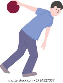 Una Ilustración vectorial plana de un jugador de bolos masculino que realiza una pose de columpio trasero, preparándose para la Autorización de una bola de bolos.