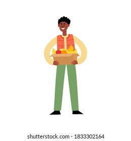 Flat vector illustration with male cartoon character holding box with bananas and apples. Deliveryman carrying box with food isolated on white
