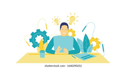 Flat vector illustration. The male CEO talks about the company's strategy and business plan, explaining the company's success. Illustration of a simple business concept.