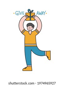 Flat vector illustration with male character holding gift box in hands above him. Giveaway concept for social media stories, card, or web banner. Prize offer announcement in minimalist style.