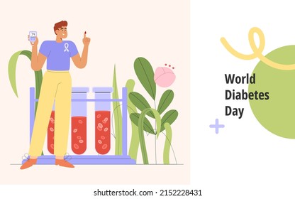Flat vector illustration with male character checking blood sugar level using a blood glucose meter. Concept of World diabetes day.