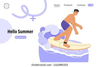 Ilustración vectorial plana con carácter masculino en el mar o el océano. Pancarta de verano en una isla tropical o balneario.