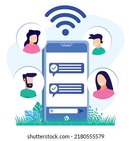 Flat Vector Illustration Of Male Character Using Smartphone And Surfing On Social Media. Chat and make Video Calls with Friends on Mobile Apps.