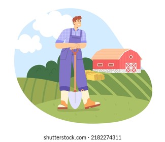 Flat vector illustration with male character of a farmer in uniform performs work on his farm. Concept of agricultural work.