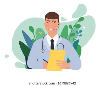 Flat vector illustration of male doctor with headset talking on the phone for a medical consultation. 