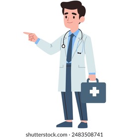 Flat vector illustration. Male doctor pointing with his hand. 