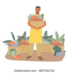 Flat vector illustration of a male farmer holding a wicker basket of various vegetables and standing next to many baskets of collected vegetables. Concept of farming, gardening and agricultural hobby