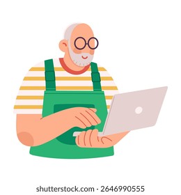 Flat vector illustration of male farmer wearing glasses and using laptop to monitor his farm. Represent smart farming, agricultural technology, and modern crop management. Isolated on white background