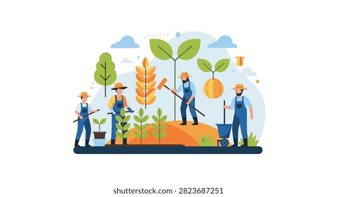 Flat vector illustration of a male farmer team in blue overalls and straw hats tending to oversized crops, wheat stalks, and seedlings in a modern agricultural field setting.