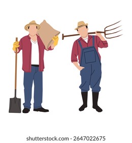 Flat vector illustration of male farmers wearing hats and holding farming tools. Ideal for agriculture, farming, rural life, or countryside-themed projects.