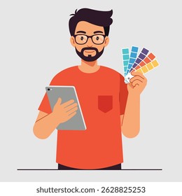 Flat Vector Illustration of a Male Graphic Designer Holding a Tablet and Color Swatches