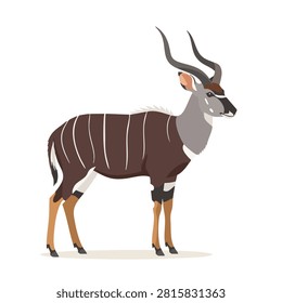 A flat vector illustration of a male lesser kudu with characteristic white stripes and long spiraled horns, depicted in a side profile view.