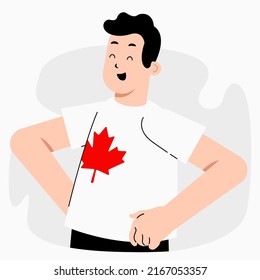 Flat vector Illustration of a male looking happy wearing a Canada Shirt.