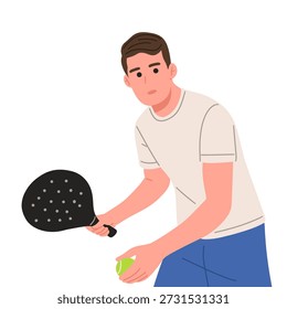 Flache Vektorgrafik eines männlichen Padel-Tennisspielers in verschiedenen Action-Posen wie Servieren, Schlagen und Empfangen des Balls. Moderner Cartoon-Charakter einzeln auf weißem Hintergrund. Perfekt für Sportdesign, Fitness-Projekte, Spielmaterial, Trainingsmaterialien, mobile Apps, Poster und Freizeitaktivitäten.